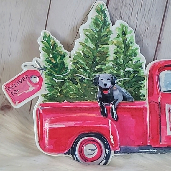 Hanging Metal Christmas Xmas Red Truck Black Lab Labrador Dog Pines Hanging Sign - Picture 6 of 15